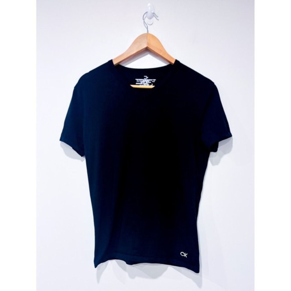 CALVIN KLEIN Black Stretch Cotton Fitted V-Neck Logo T-Shirt Small